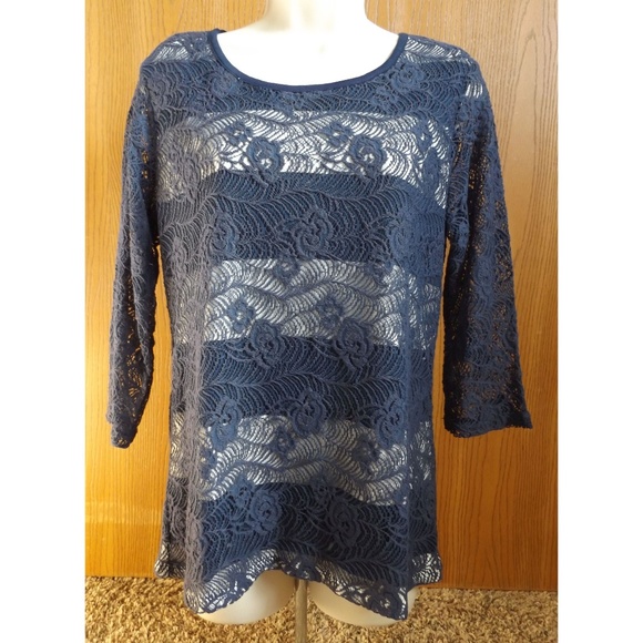 Christopher & Banks Tops - + Blue Floral Lace Layered Tunic Top